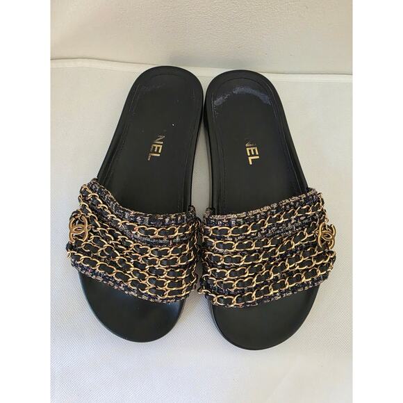 Chanel Black Leather 2016 Interlocking CC Logo Slides 36 sz - Picture 2 of 11